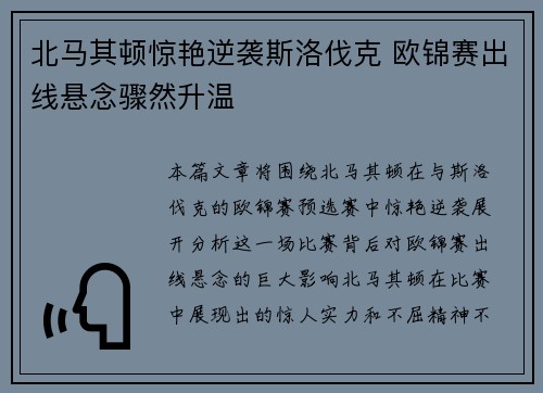 北马其顿惊艳逆袭斯洛伐克 欧锦赛出线悬念骤然升温