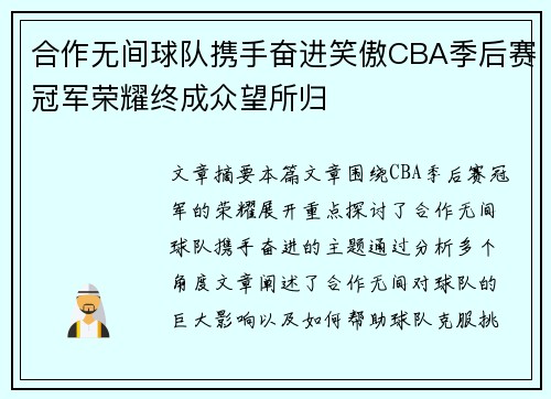 合作无间球队携手奋进笑傲CBA季后赛冠军荣耀终成众望所归