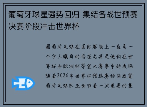 葡萄牙球星强势回归 集结备战世预赛决赛阶段冲击世界杯
