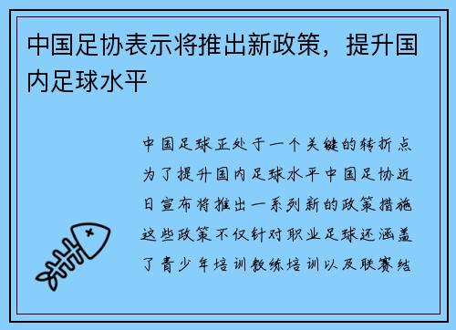 中国足协表示将推出新政策，提升国内足球水平