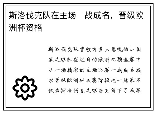 斯洛伐克队在主场一战成名，晋级欧洲杯资格