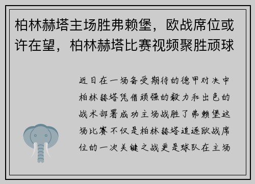 柏林赫塔主场胜弗赖堡，欧战席位或许在望，柏林赫塔比赛视频聚胜顽球汇