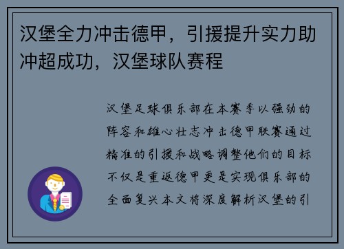 汉堡全力冲击德甲，引援提升实力助冲超成功，汉堡球队赛程