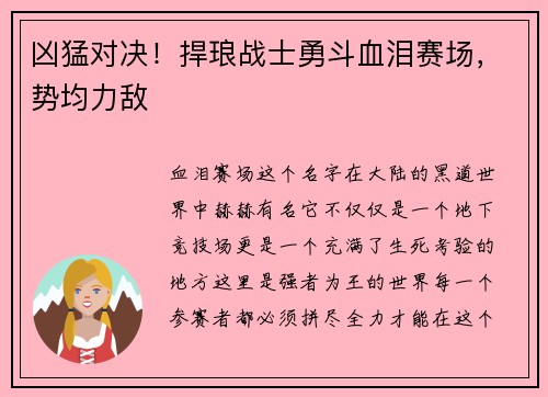 凶猛对决！捍琅战士勇斗血泪赛场，势均力敌