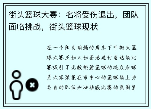街头篮球大赛：名将受伤退出，团队面临挑战，街头篮球现状