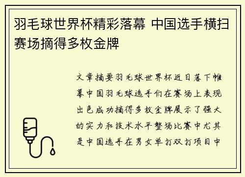 羽毛球世界杯精彩落幕 中国选手横扫赛场摘得多枚金牌