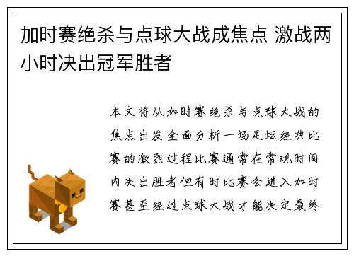 加时赛绝杀与点球大战成焦点 激战两小时决出冠军胜者